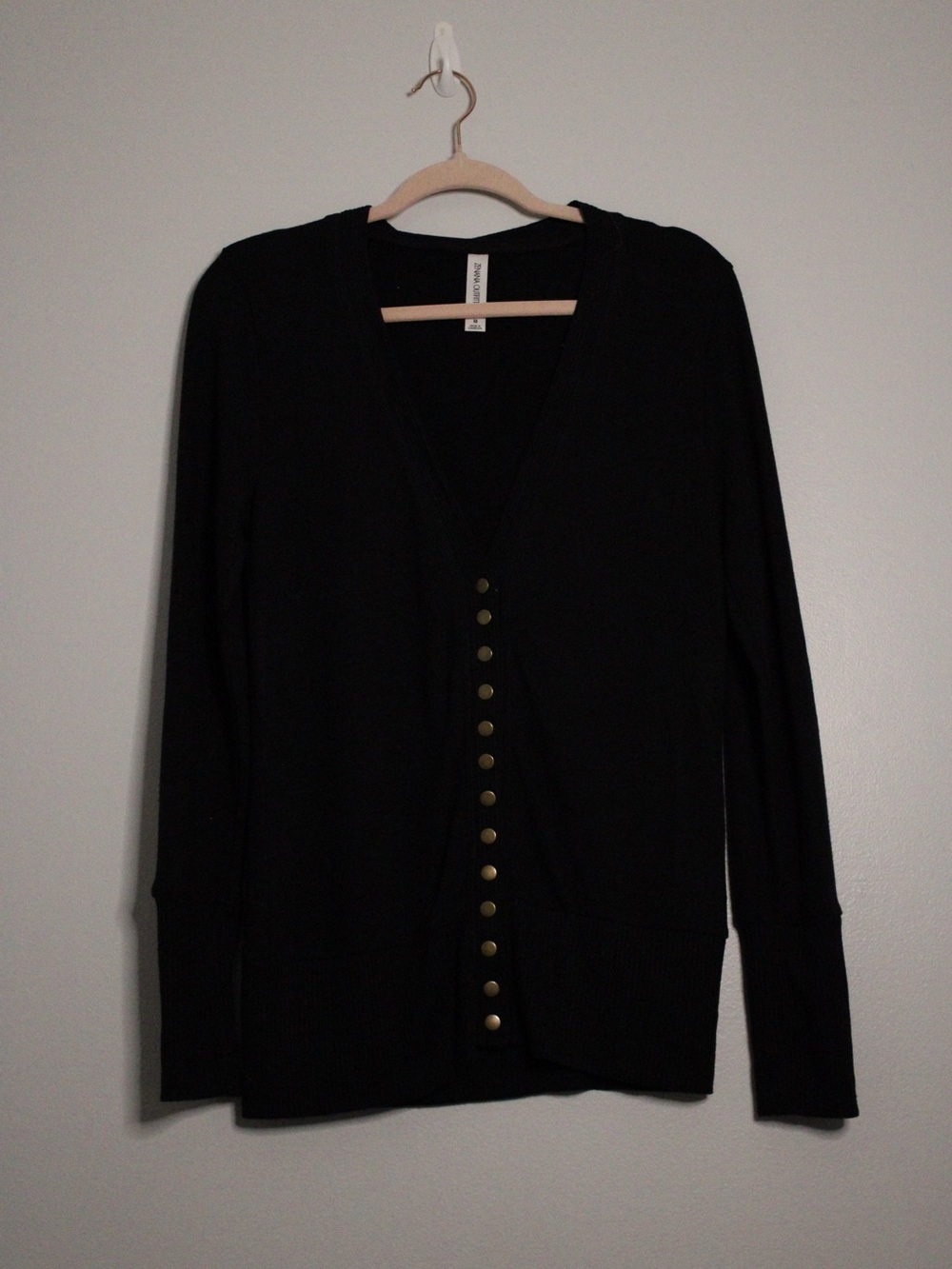 Zenana Outfitters Black V‑Neck Cardigan with Brass Buttons